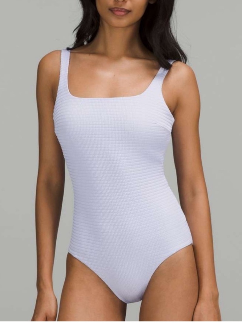 NWT Lululemon Waterside Square Neck Swimsuit Smocked Hyper Stripe Pastel Blue